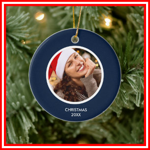 Navy Blue & White Modern Initials Monogram PHOTO Ceramic Ornament