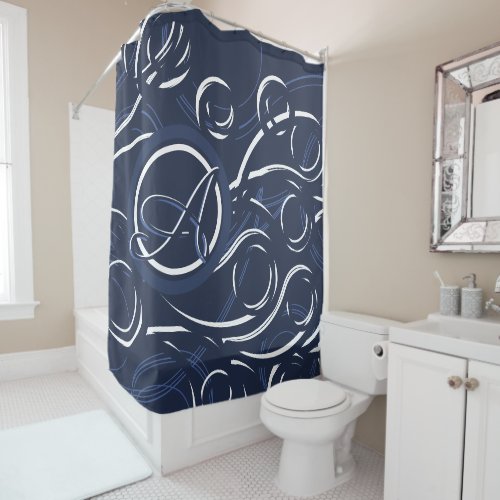 Navy Blue  White Modern Monogrammed Swirls Shower Curtain