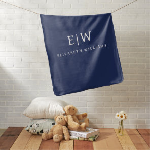 Navy Blue White Modern Script Girly Monogram Name Baby Blanket