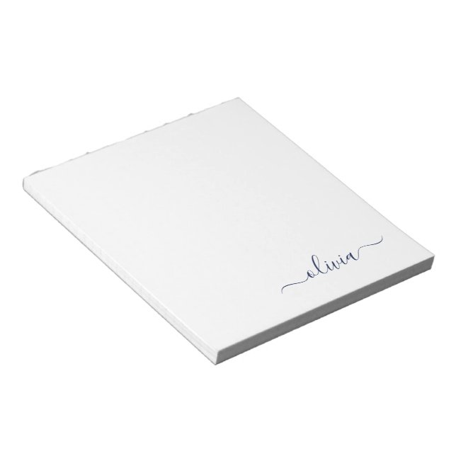 Navy Blue White Modern Script Girly Monogram Name Notepad (Angled)