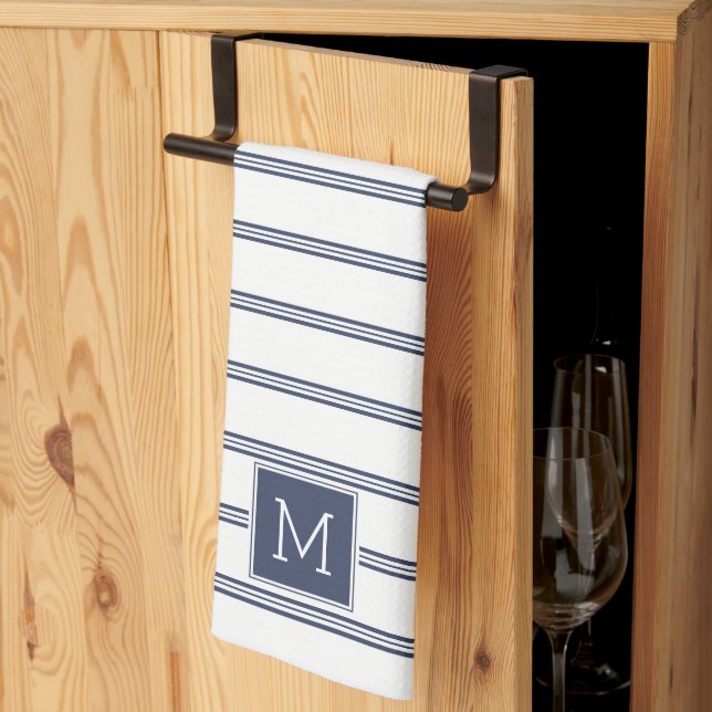 Navy-Blue & White Modern Stripes Kitchen Towel (Thirds Fold)