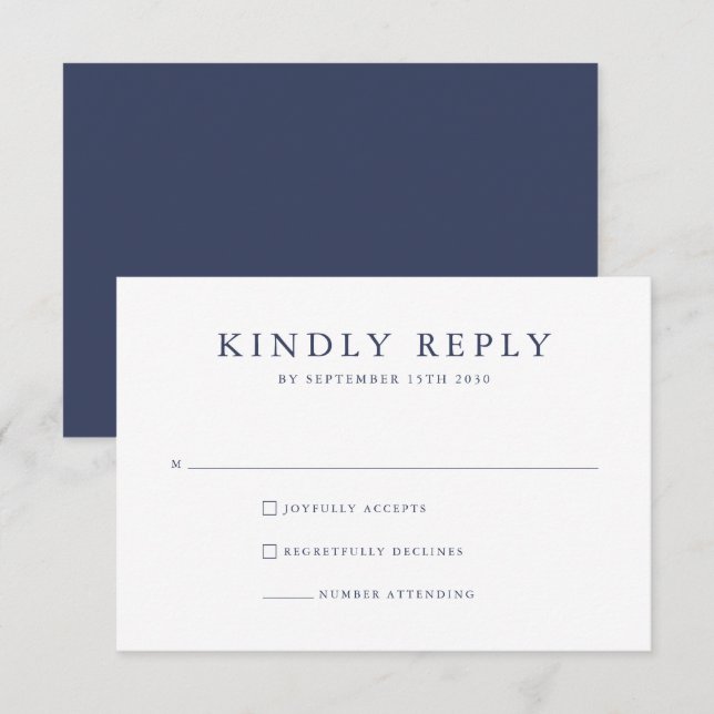 Navy Blue White Modern Wedding RSVP Card (Front/Back)