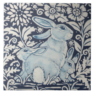 Navy Blue White Mommy & Baby Rabbit Spring Floral Ceramic Tile