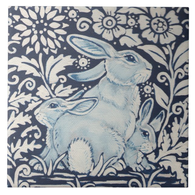 Navy Blue White Mommy & Baby Rabbit Spring Floral Ceramic Tile (Front)