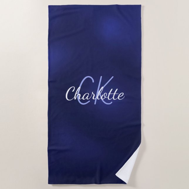 Navy blue white mongram initials script beach towel (Front)