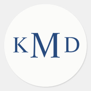 NAVY BLUE White Monogram Bride Groom Wedding Classic Round Sticker
