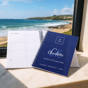 Navy blue white monogram business logo planner