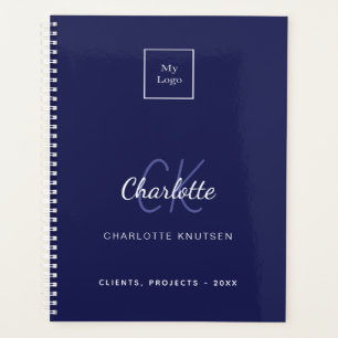 Navy blue white monogram business logo planner