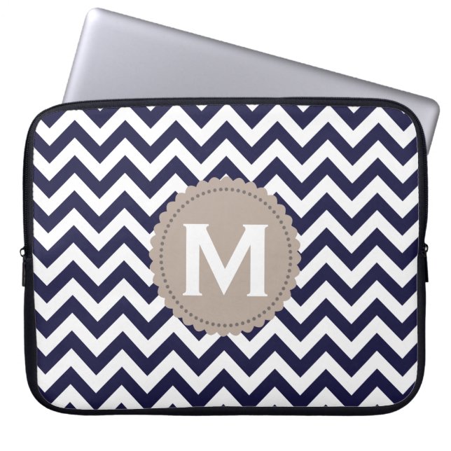 Navy Blue White Monogram Chevron Pattern Laptop Sleeve (Front)