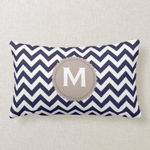 Navy Blue White Monogram Chevron Pattern Lumbar Pillow