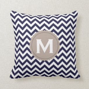 Navy Blue White Monogram Chevron Pattern Throw Pillow