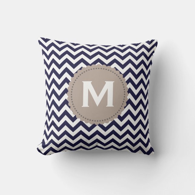 Navy Blue White Monogram Chevron Pattern Throw Pillow (Front)