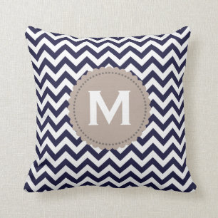 Navy Blue White Monogram Chevron Pattern Throw Pillow