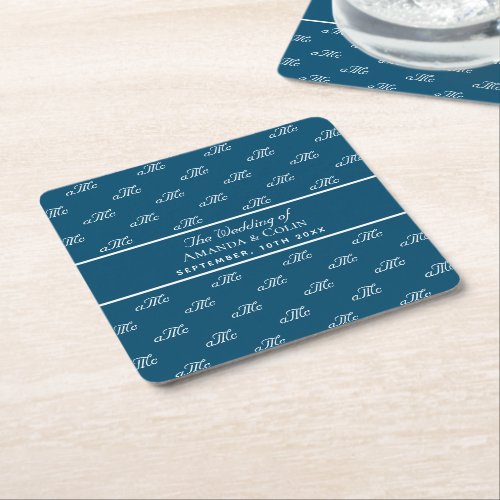 Navy Blue white monogram couple initials wedding Square Paper Coaster