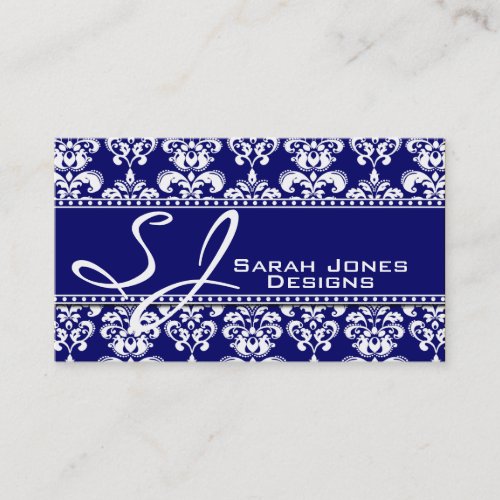 Navy Blue White Monogram Damask Business Cards
