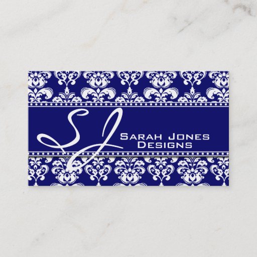Customizable Navy Blue White Monogram Damask Business Cards