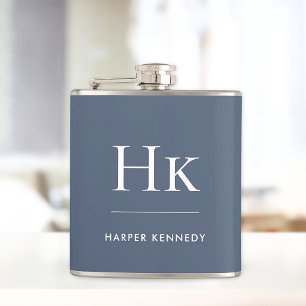 Navy Blue White Monogram Elegant Personalized Flask