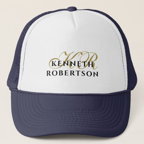Navy Blue White Monogram Gold Black Minimalist Men Trucker Hat
