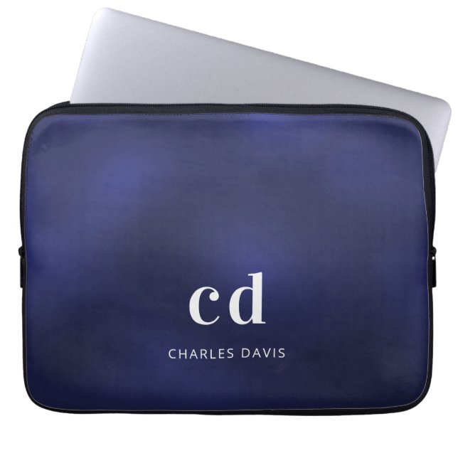 Navy blue white monogram initails name  laptop sleeve (Front)