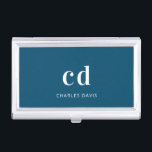 Navy Blue white monogram initails name minimalist Business Card Case<br><div class="desc">A classic chic blue background. Personalize and add your monogram initials written with white block letters and your name in white. Modern,  trendy and simple.</div>