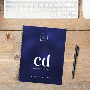 Navy blue white monogram initial business logo notebook