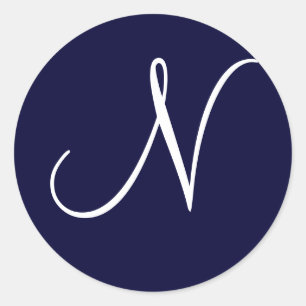 Navy Blue & White Monogram Initial "N" Classic Round Sticker