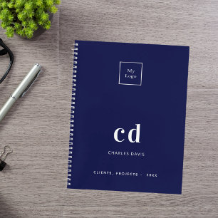 Navy blue white monogram initials business logo notebook
