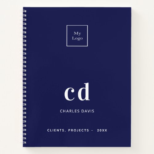 Navy blue white monogram initials business logo notebook