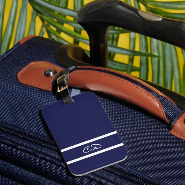 Navy blue white monogram initials luggage tag (Front Insitu 1)