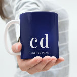 Navy blue white monogram initials name coffee mug<br><div class="desc">A navy blue background. The blue color is uneven. Personalize and add a name and monogram initials (x3). The name is written in white with modern block letters.</div>