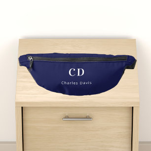 Navy blue white monogram initials name fanny pack