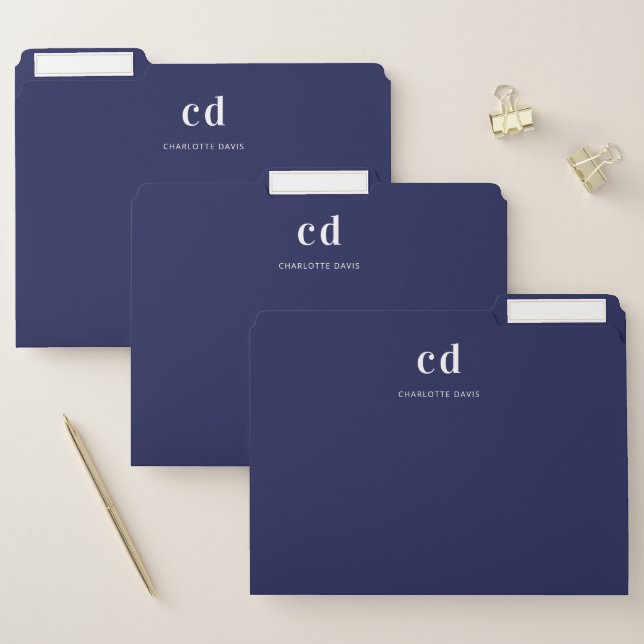 Navy blue white monogram initials name file folder (Set)