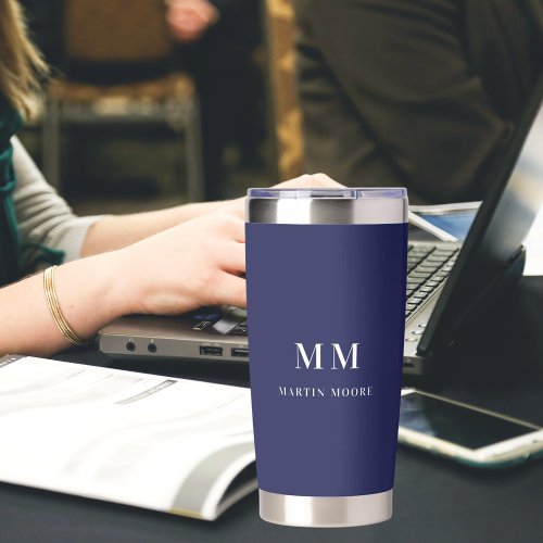 Navy blue white monogram initials name insulated tumbler