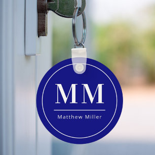 Navy blue white monogram initials name minimalist keychain