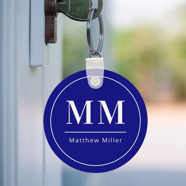 Navy blue white monogram initials name minimalist  keychain (Creator Uploaded)