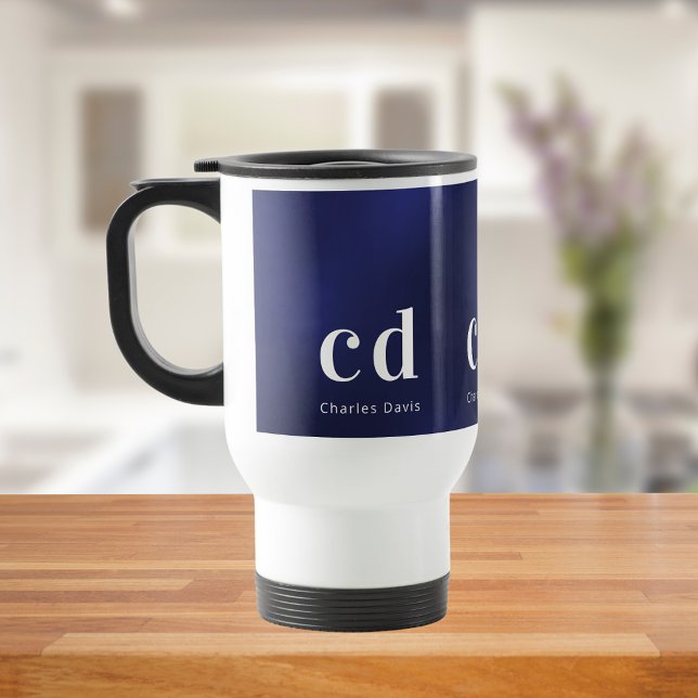 Navy blue white monogram initials name travel mug (Creator Uploaded)