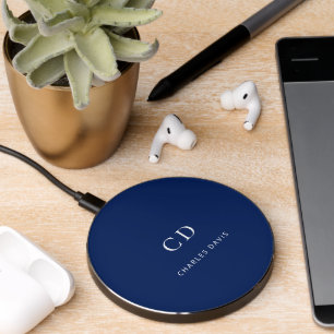 Navy blue white monogram initials name wireless charger