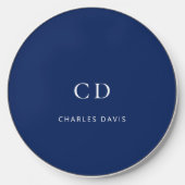 Navy blue white monogram initials name wireless charger  (Front)