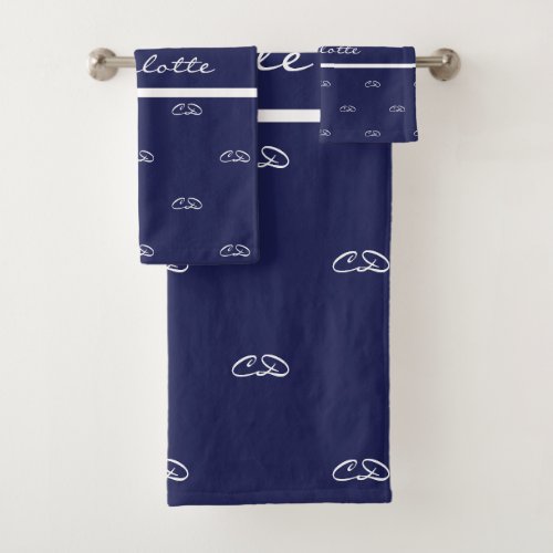 Navy blue white monogram initials pattern name bath towel set