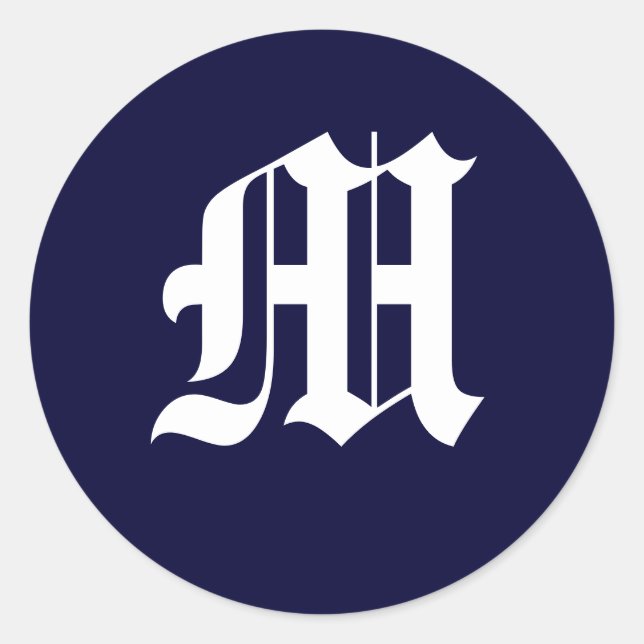 Navy Blue & White Monogram "M" Classic Round Sticker (Front)