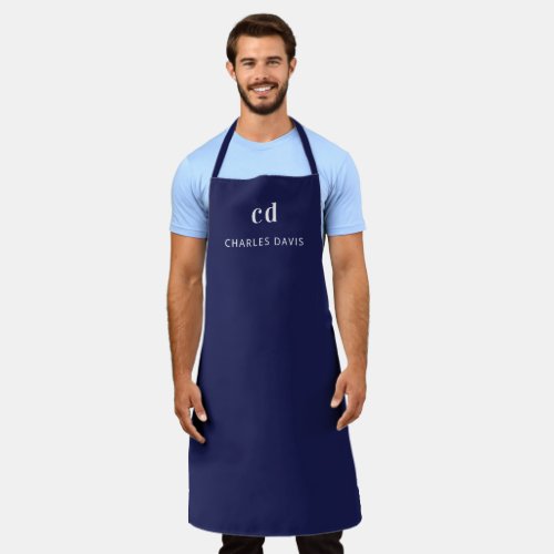 Navy blue white monogram name business apron