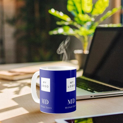 Navy blue white monogram name business logo coffee mug