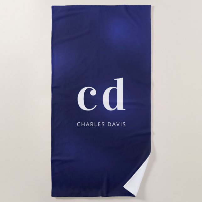 Navy blue white monogram name initials  beach towel (Front)