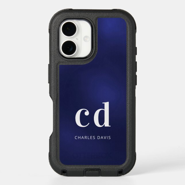 Navy blue white monogram name initials minimalist otterbox iPhone case (Back)