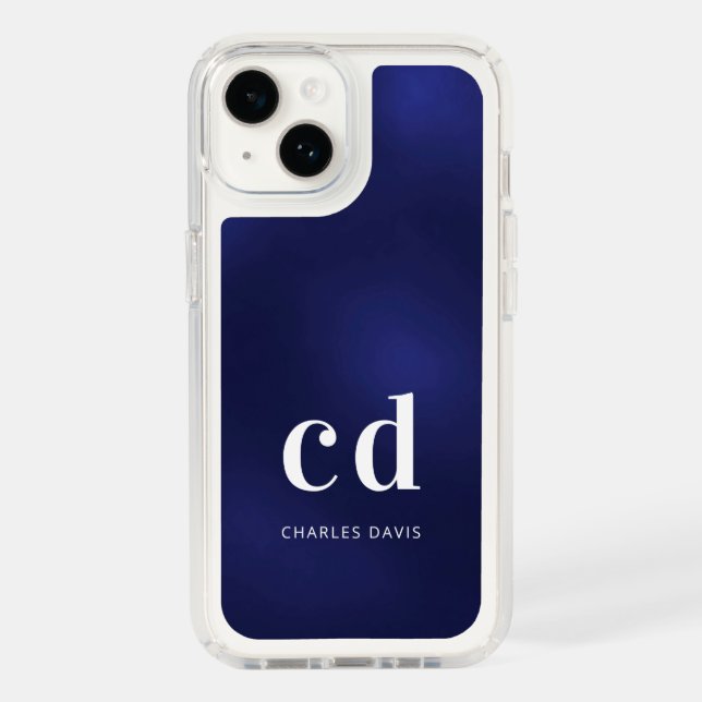 Navy blue white monogram name initials minimalist speck iPhone case (Front)