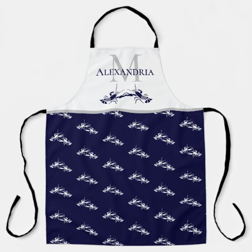 Navy Blue White Monogram Name Lobster Pattern Apron