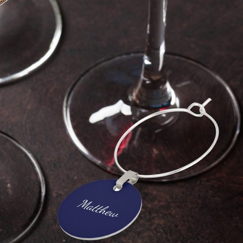 Navy blue white monogram name minimalist script wine charm