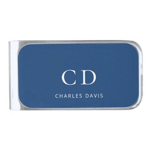 Navy blue white monogram name minimalist silver finish money clip