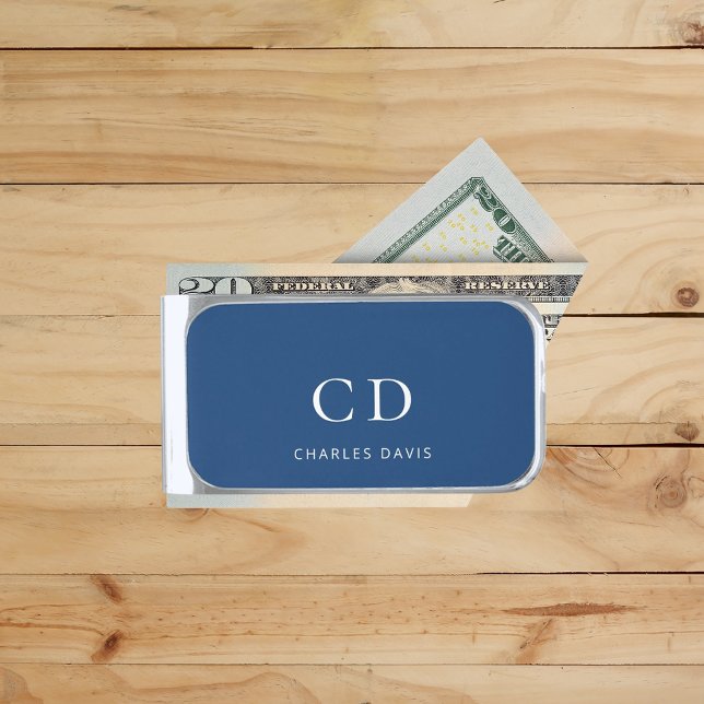 Navy blue white monogram name minimalist silver finish money clip (Creator Uploaded)