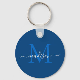 Navy Blue White Monogram Name Modern Girly Script Keychain